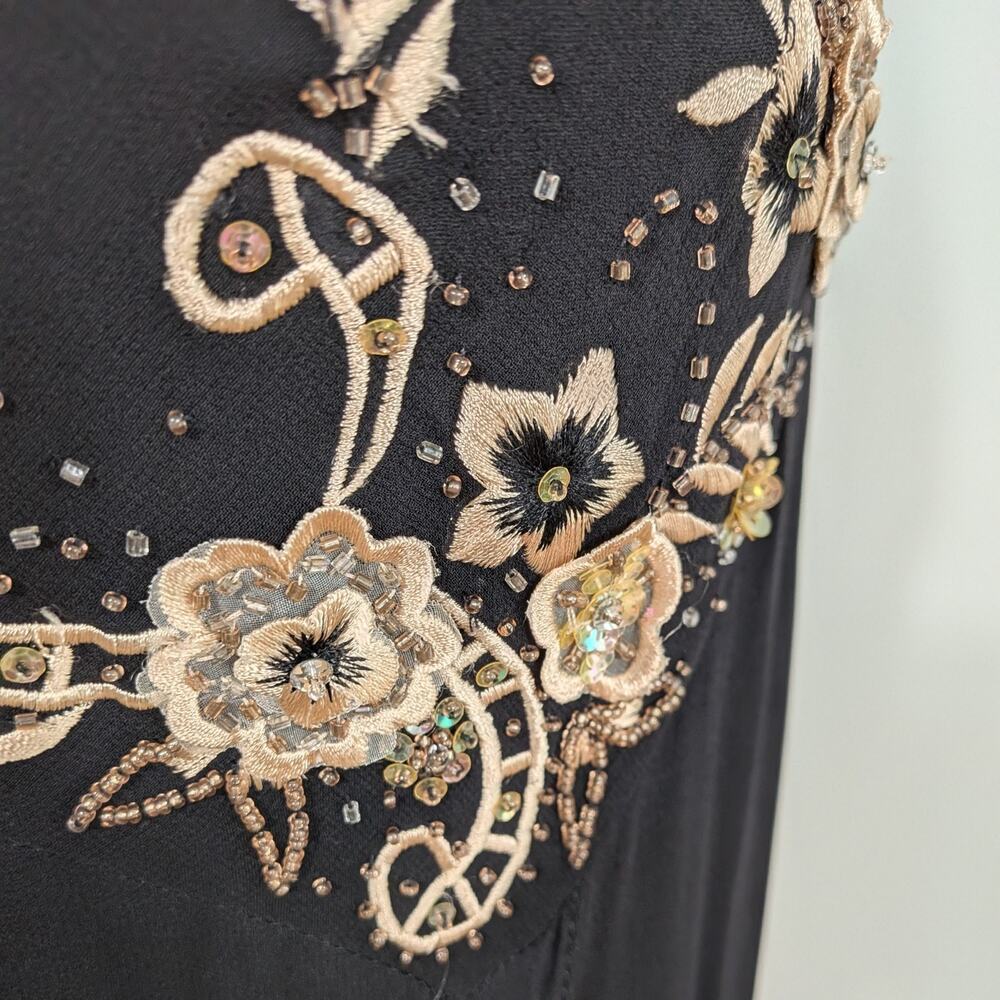 Vintage Cache Silk Midi Dress 6 Slip Floral Embroidered 90S Y2K Black Tan Brown - Picture 8 of 13